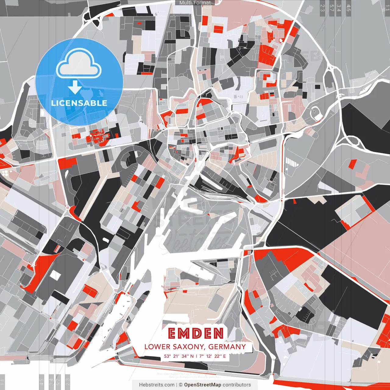 Emden, Lower Saxony, Germany - modern street map poster template with gray and red tones