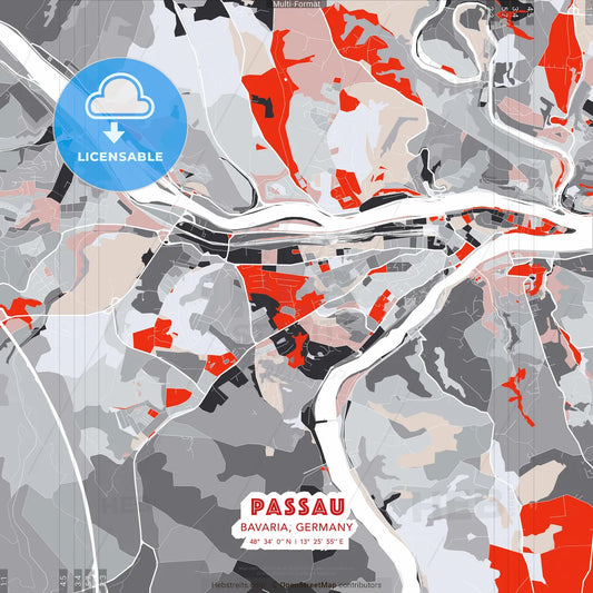Passau, Bavaria, Germany - modern street map poster template with gray and red tones