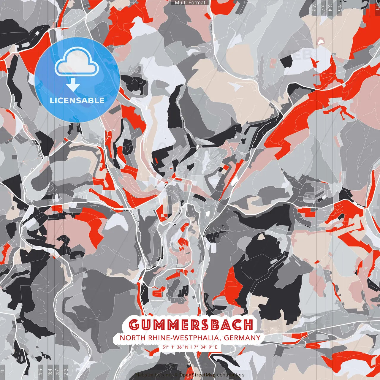 Gummersbach, North Rhine-Westphalia, Germany - modern street map poster template with gray and red tones