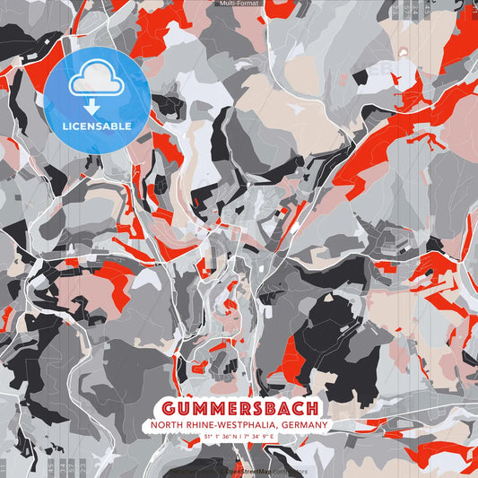 Gummersbach, North Rhine-Westphalia, Germany - modern street map poster template with gray and red tones