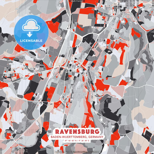 Ravensburg, Baden-Wuerttemberg, Germany - modern street map poster template with gray and red tones