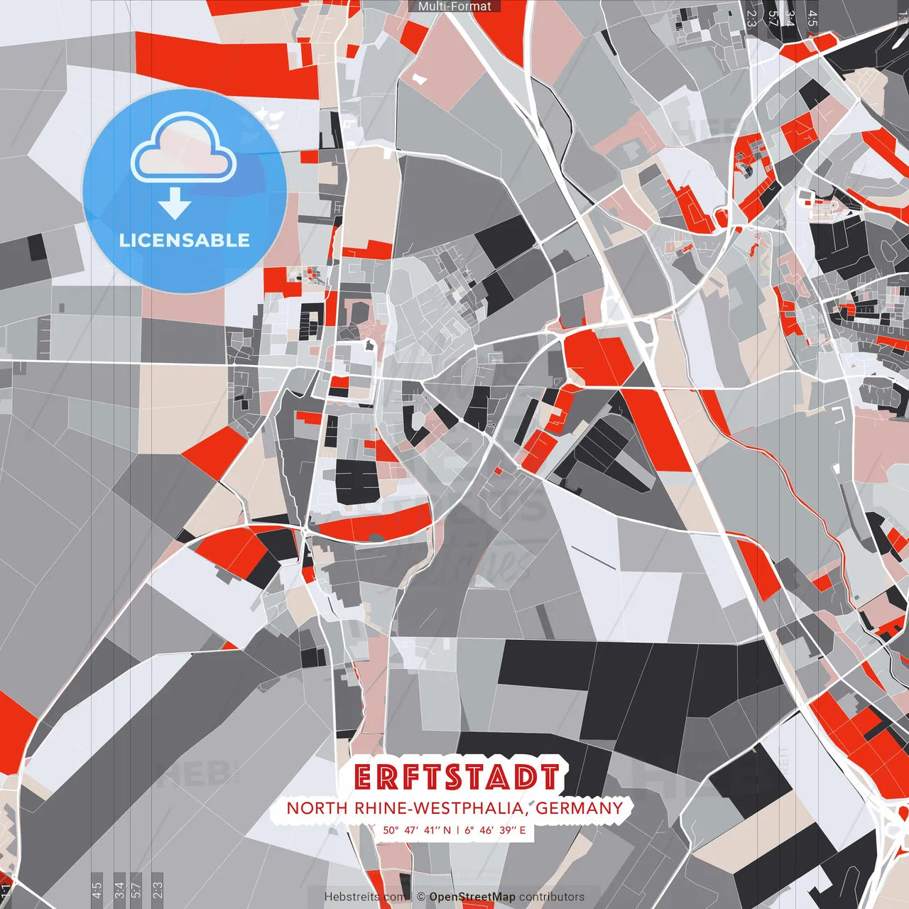 Erftstadt, North Rhine-Westphalia, Germany - modern street map poster template with gray and red tones