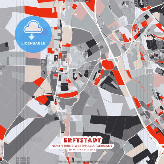 Erftstadt, North Rhine-Westphalia, Germany - modern street map poster template with gray and red tones