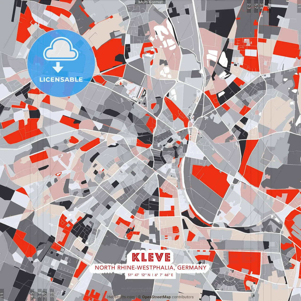 Kleve, North Rhine-Westphalia, Germany - modern street map poster template with gray and red tones