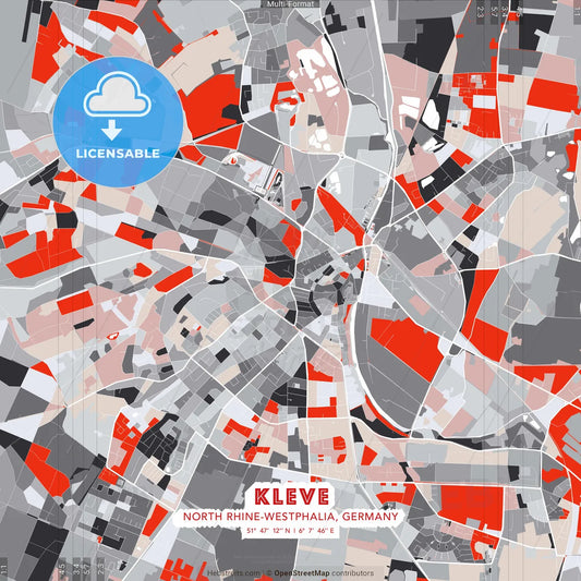Kleve, North Rhine-Westphalia, Germany - modern street map poster template with gray and red tones