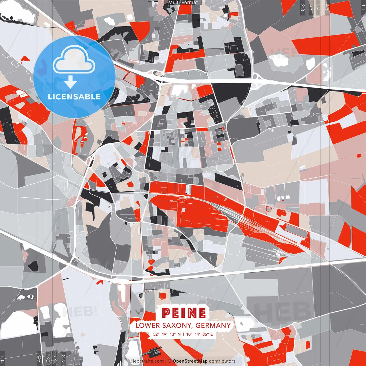 Peine, Lower Saxony, Germany - modern street map poster template with gray and red tones