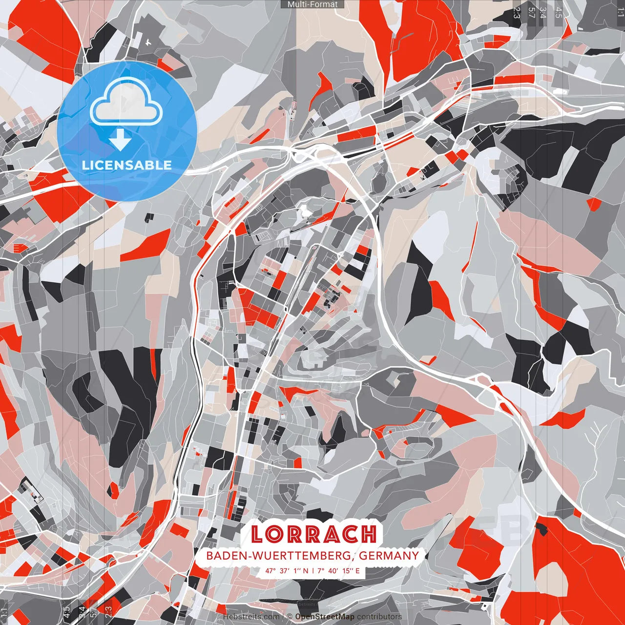 Lorrach, Baden-Wuerttemberg, Germany - modern street map poster template with gray and red tones