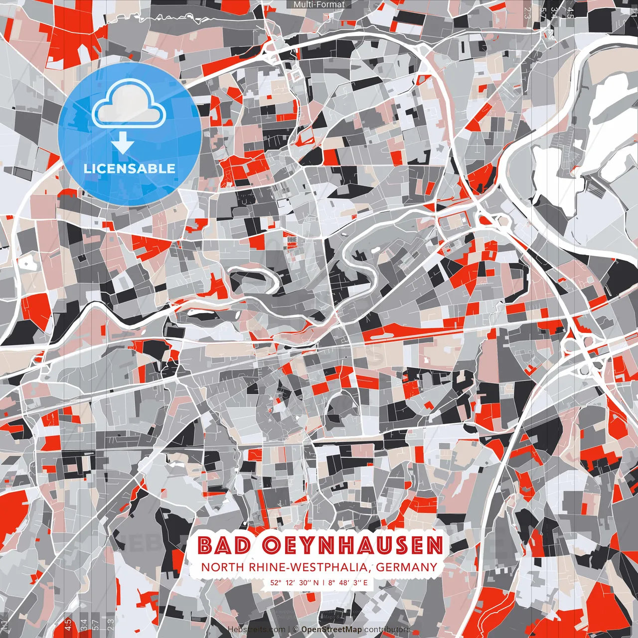 Bad Oeynhausen, North Rhine-Westphalia, Germany - modern street map poster template with gray and red tones