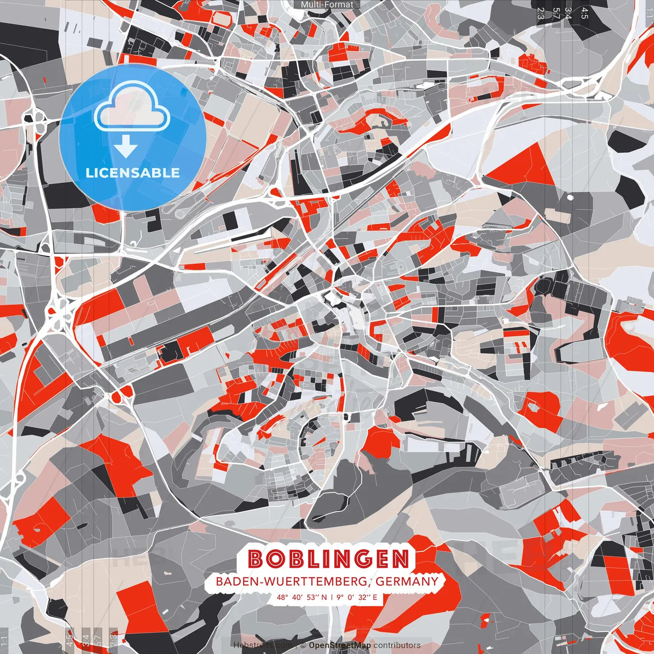 Boblingen, Baden-Wuerttemberg, Germany - modern street map poster template with gray and red tones