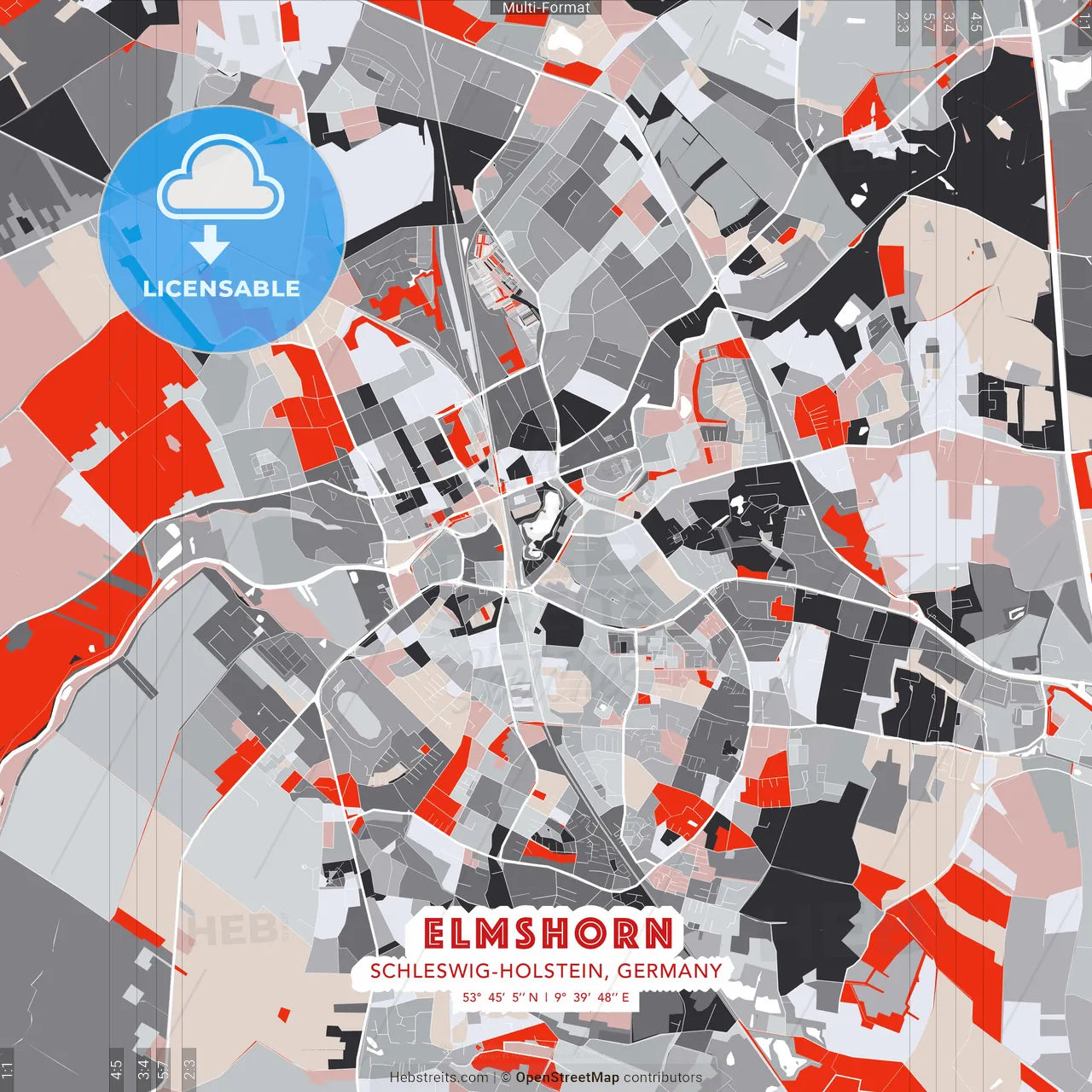 Elmshorn, Schleswig-Holstein, Germany - modern street map poster template with gray and red tones
