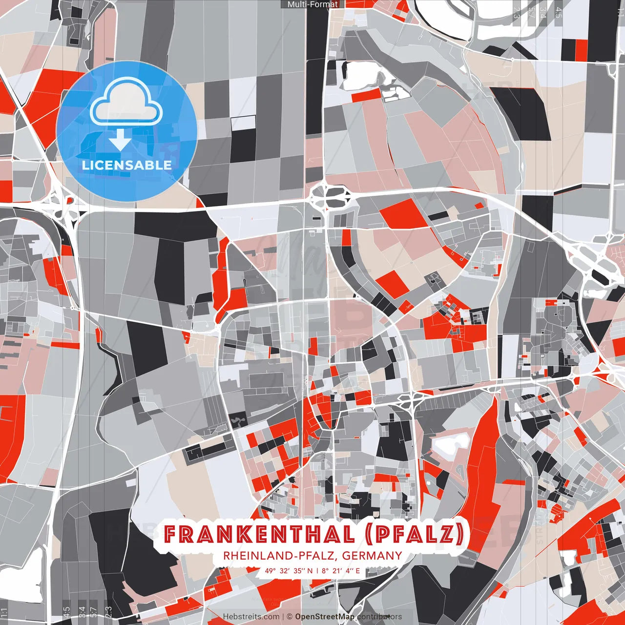 Frankenthal (Pfalz), Rheinland-Pfalz, Germany - modern street map poster template with gray and red tones