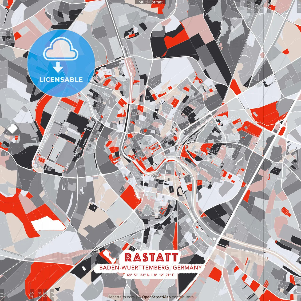 Rastatt, Baden-Wuerttemberg, Germany - modern street map poster template with gray and red tones