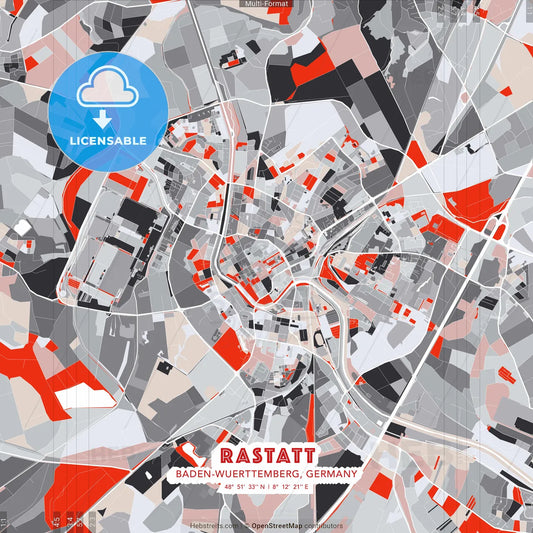 Rastatt, Baden-Wuerttemberg, Germany - modern street map poster template with gray and red tones