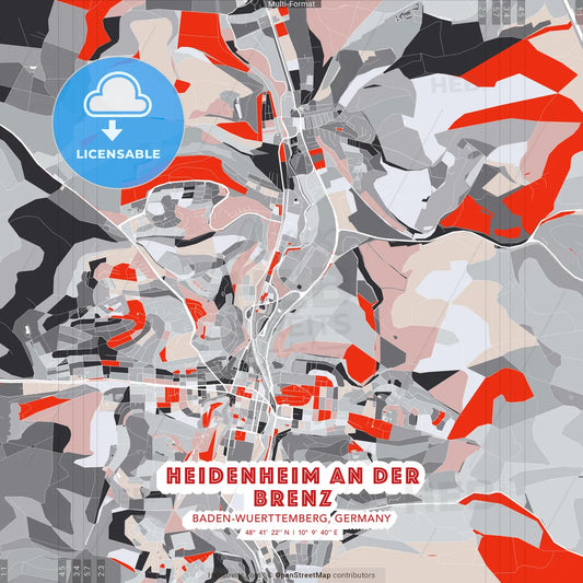 Heidenheim an der Brenz, Baden-Wuerttemberg, Germany - modern street map poster template with gray and red tones