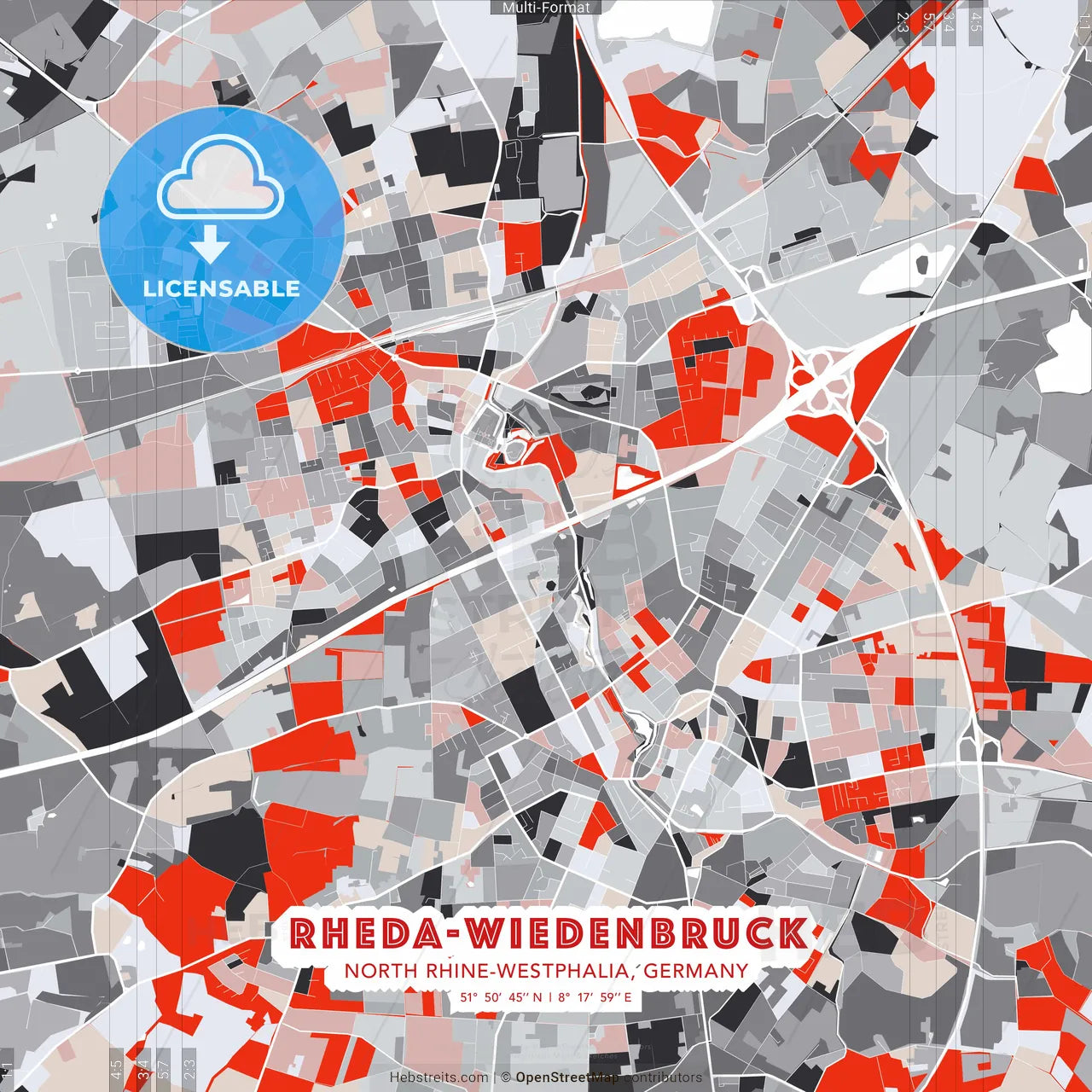 Rheda-Wiedenbruck, North Rhine-Westphalia, Germany - modern street map poster template with gray and red tones