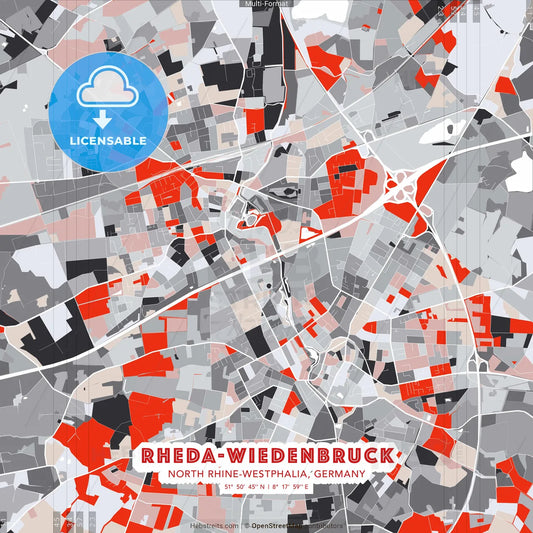 Rheda-Wiedenbruck, North Rhine-Westphalia, Germany - modern street map poster template with gray and red tones