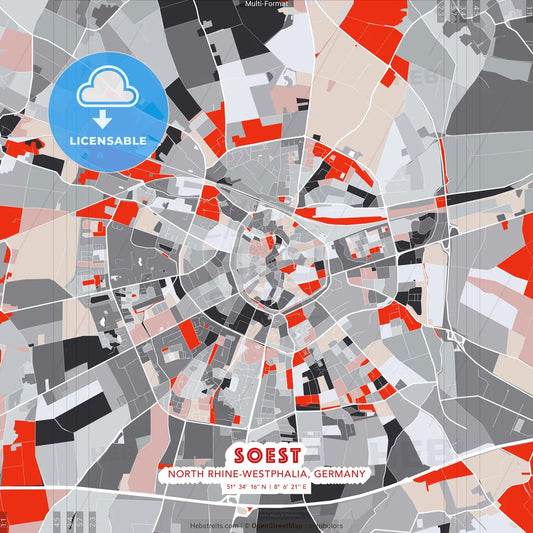 Soest, North Rhine-Westphalia, Germany - modern street map poster template with gray and red tones