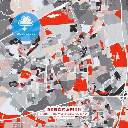 Bergkamen, North Rhine-Westphalia, Germany - modern street map poster template with gray and red tones