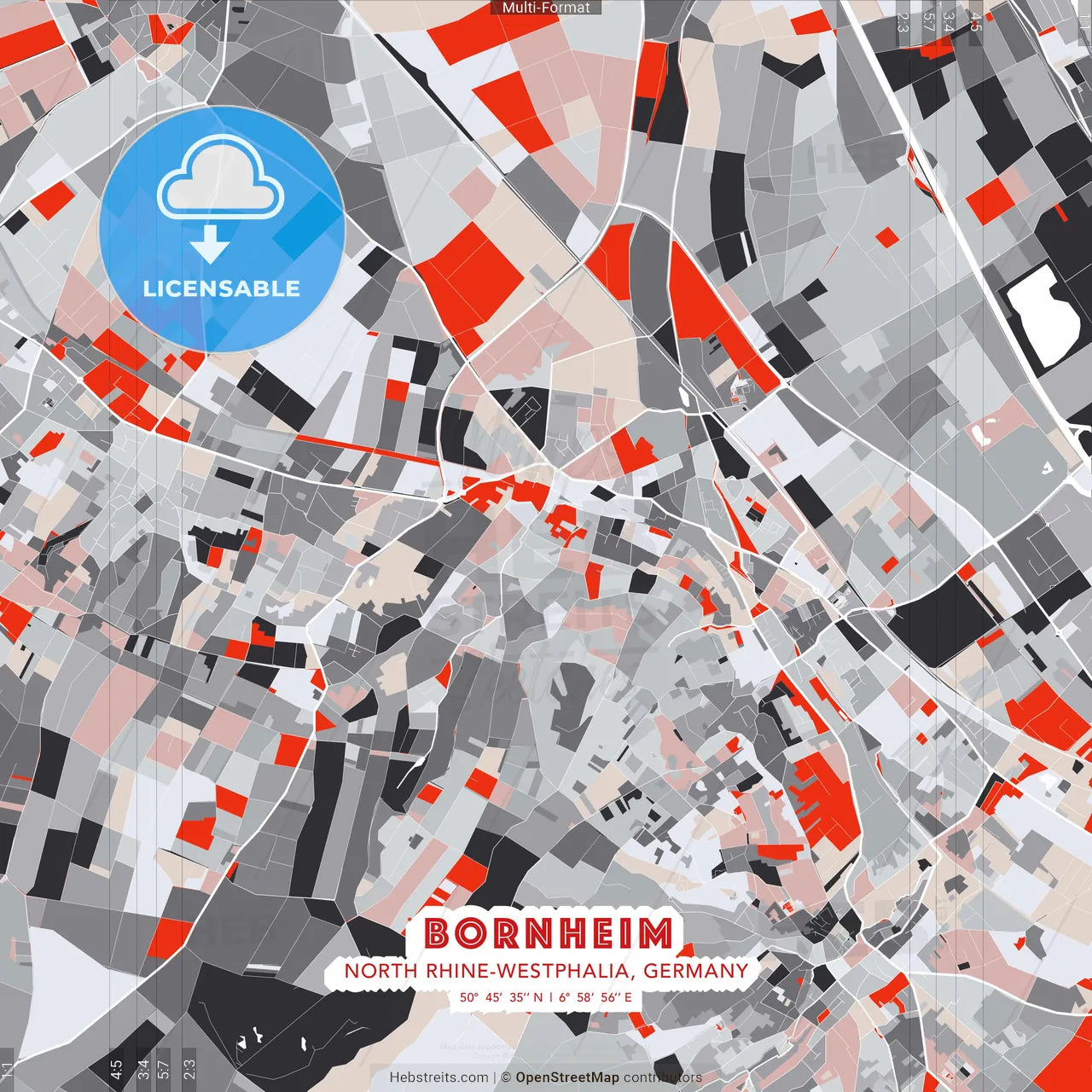 Bornheim, North Rhine-Westphalia, Germany - modern street map poster template with gray and red tones