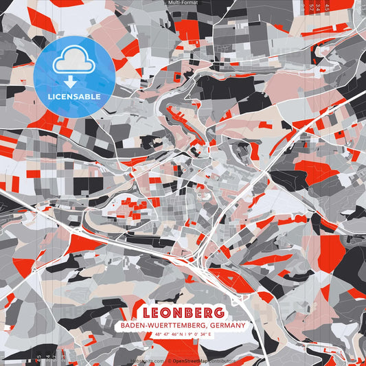 Leonberg, Baden-Wuerttemberg, Germany - modern street map poster template with gray and red tones