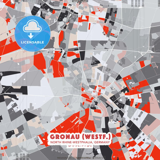 Gronau (Westf.), North Rhine-Westphalia, Germany - modern street map poster template with gray and red tones