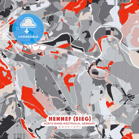 Hennef (Sieg), North Rhine-Westphalia, Germany - modern street map poster template with gray and red tones