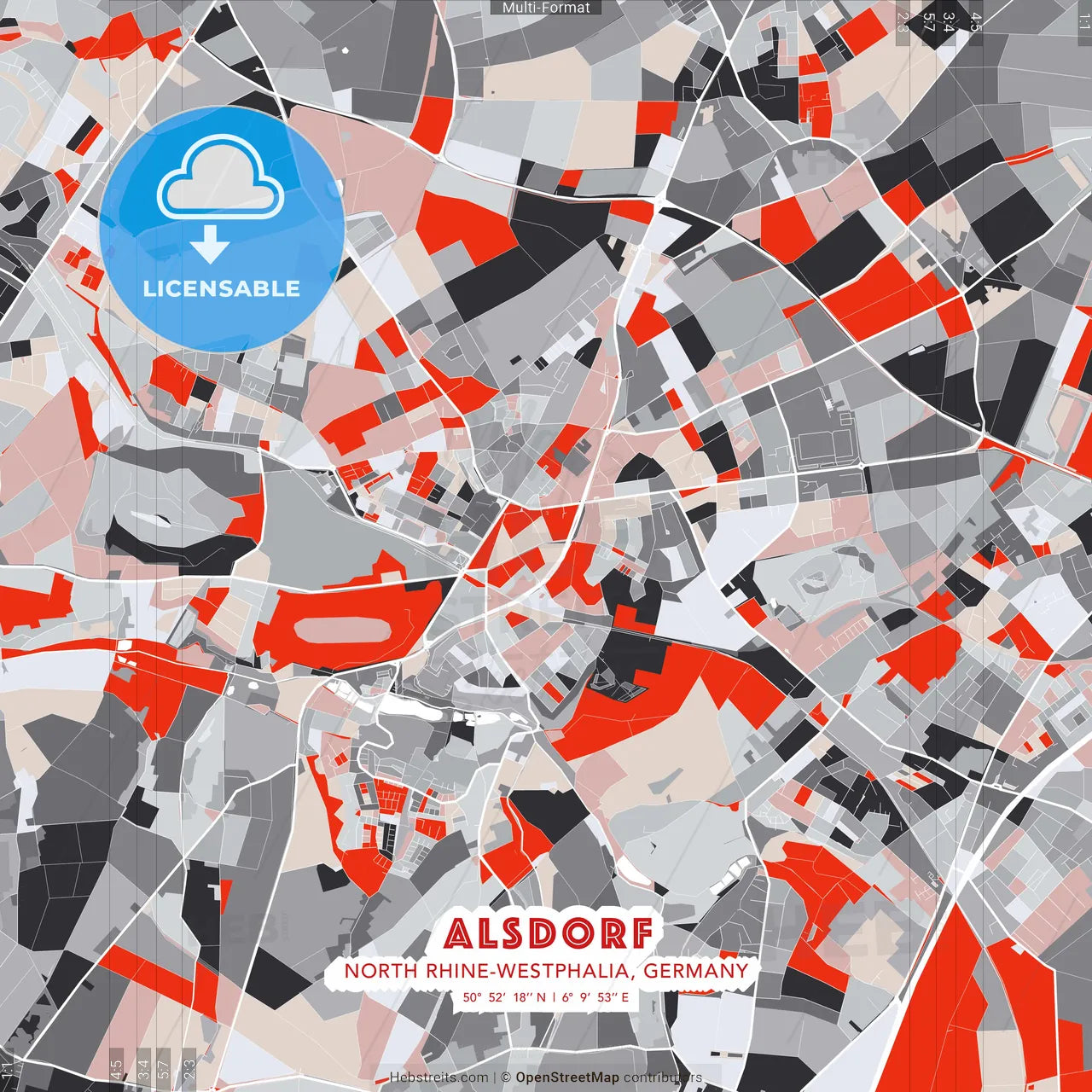 Alsdorf, North Rhine-Westphalia, Germany - modern street map poster template with gray and red tones