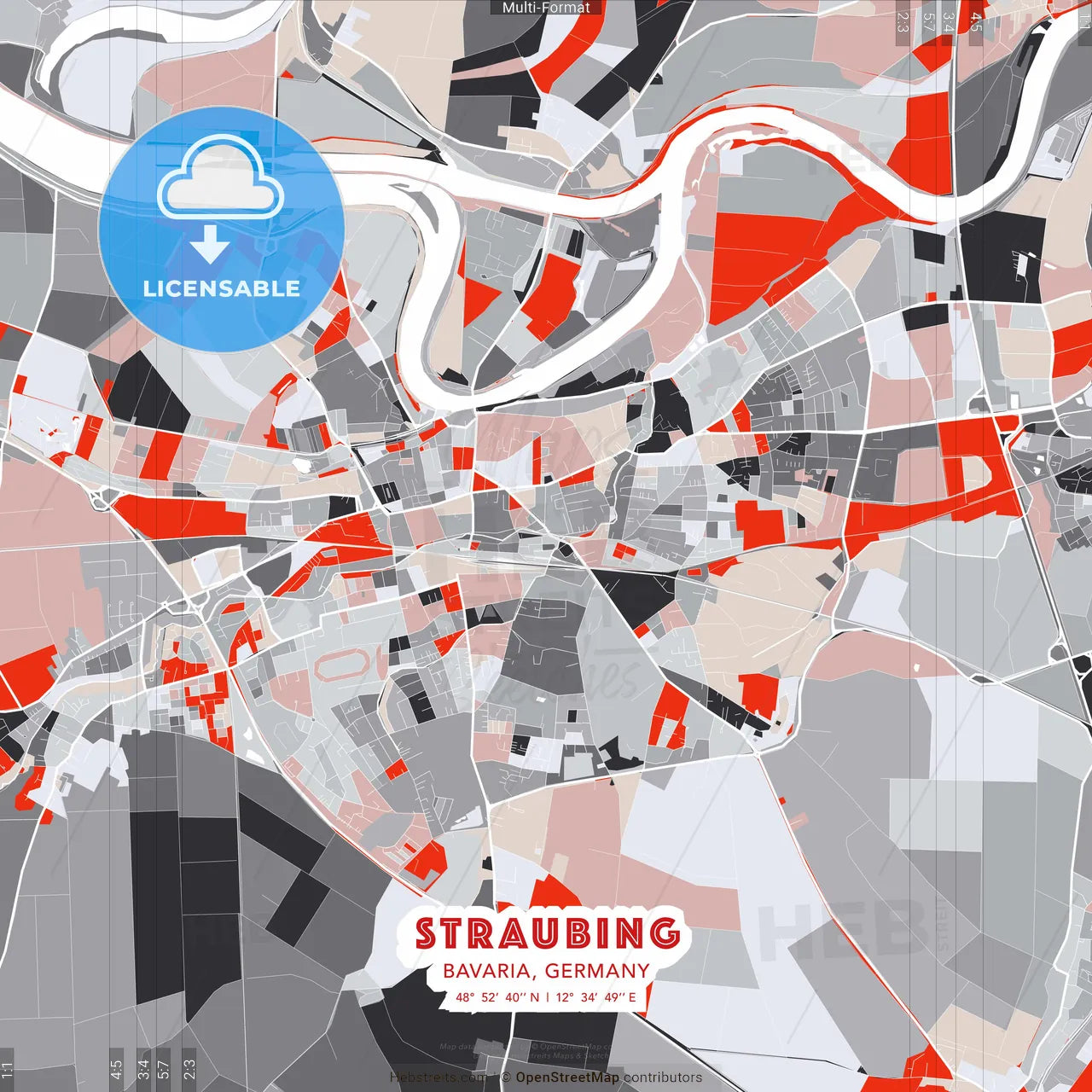 Straubing, Bavaria, Germany - modern street map poster template with gray and red tones