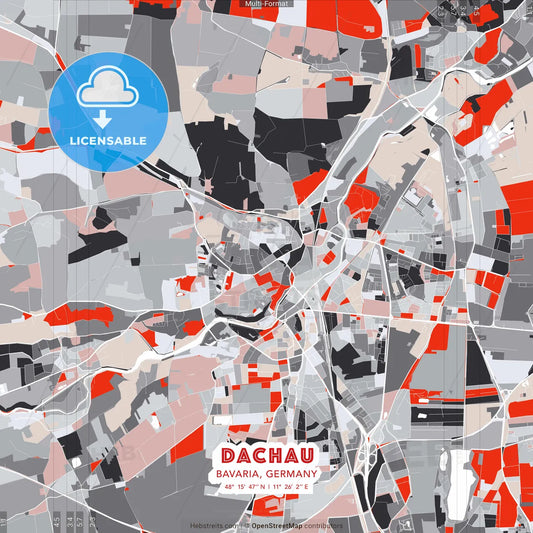 Dachau, Bavaria, Germany - modern street map poster template with gray and red tones