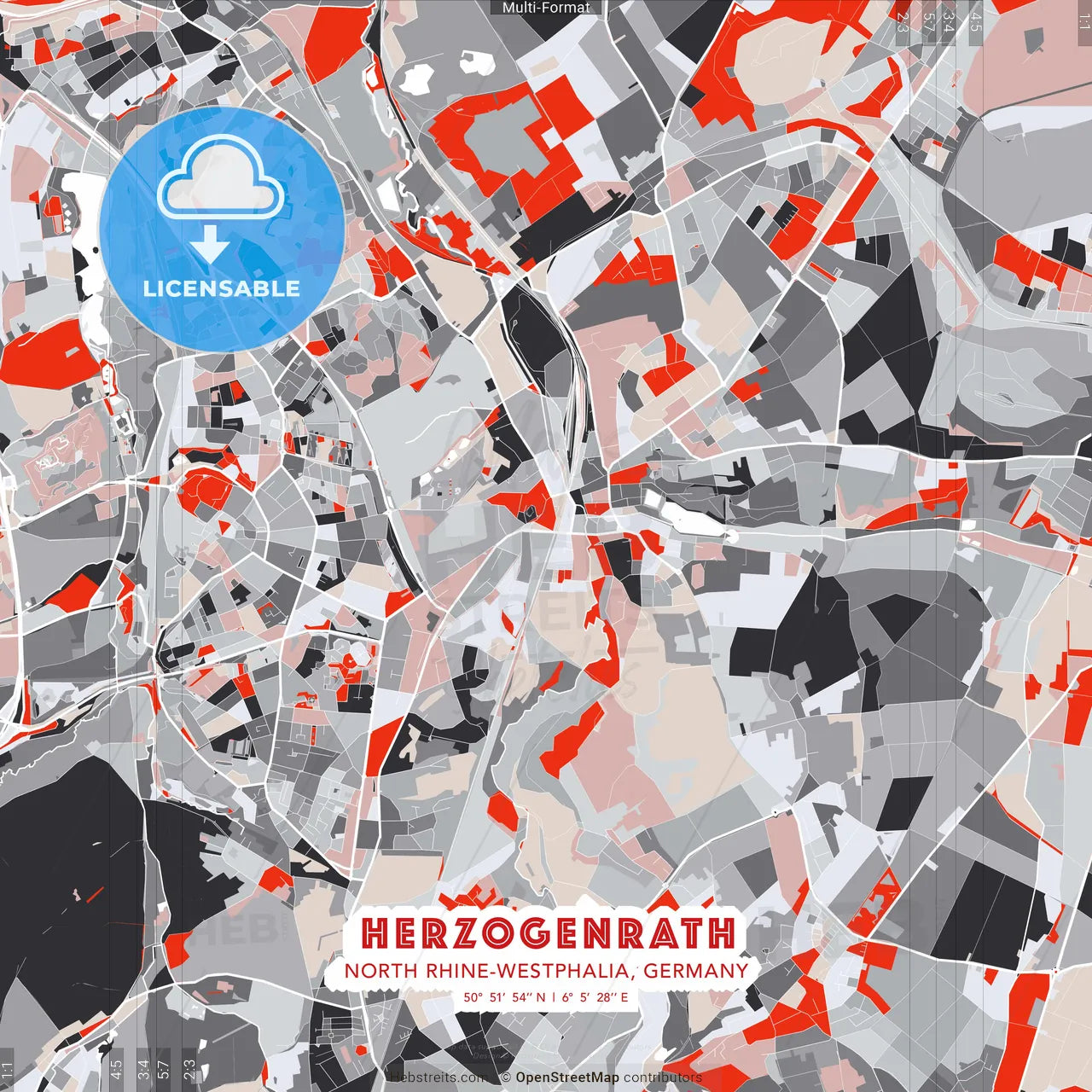 Herzogenrath, North Rhine-Westphalia, Germany - modern street map poster template with gray and red tones