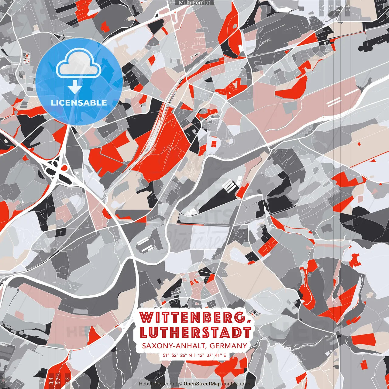 Wittenberg, Lutherstadt, Saxony-Anhalt, Germany - modern street map poster template with gray and red tones