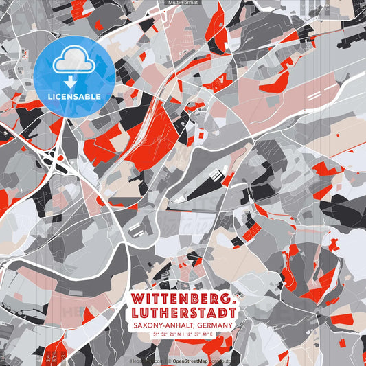 Wittenberg, Lutherstadt, Saxony-Anhalt, Germany - modern street map poster template with gray and red tones