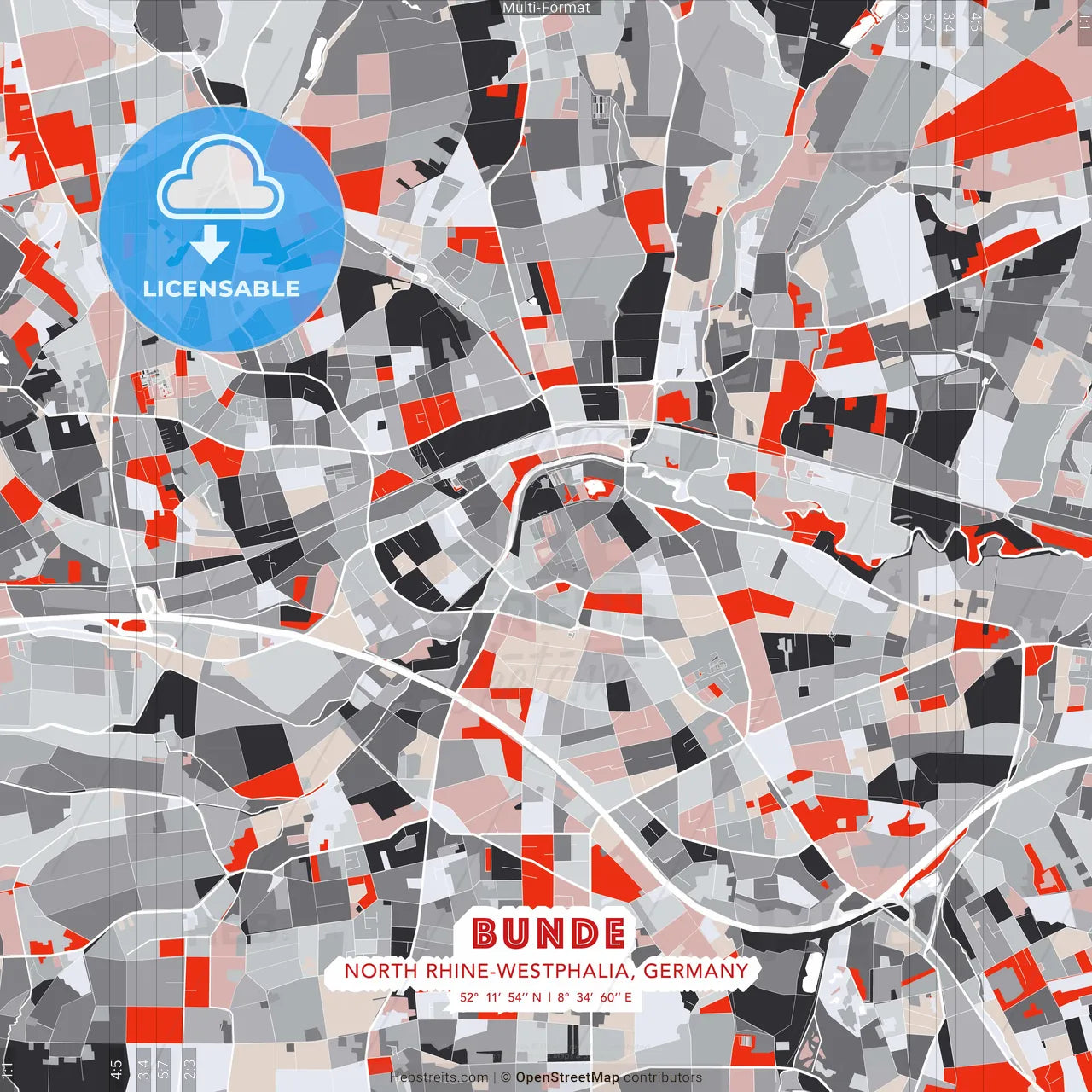 Bunde, North Rhine-Westphalia, Germany - modern street map poster template with gray and red tones