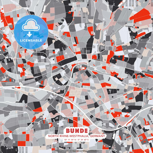 Bunde, North Rhine-Westphalia, Germany - modern street map poster template with gray and red tones