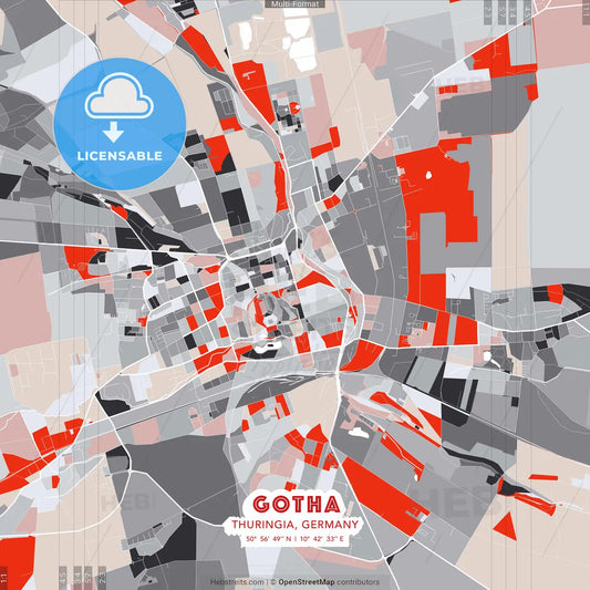 Gotha, Thuringia, Germany - modern street map poster template with gray and red tones