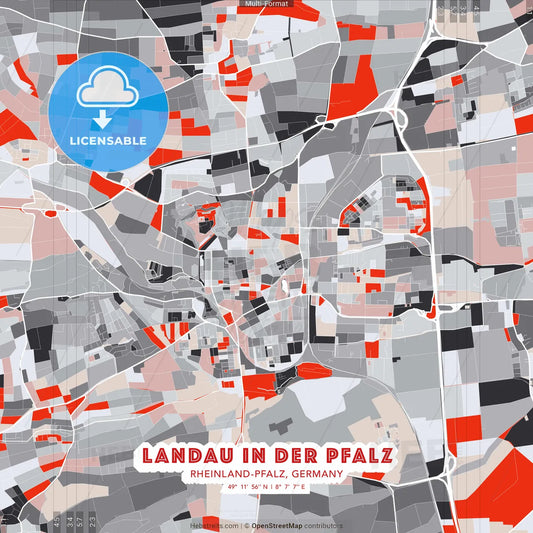 Landau in der Pfalz, Rheinland-Pfalz, Germany - modern street map poster template with gray and red tones