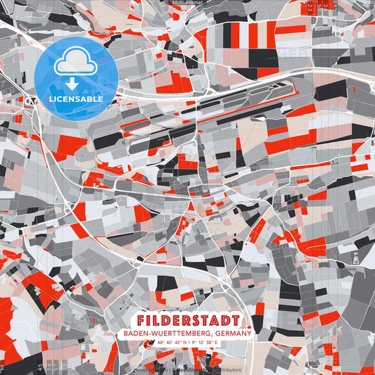 Filderstadt, Baden-Wuerttemberg, Germany - modern street map poster template with gray and red tones