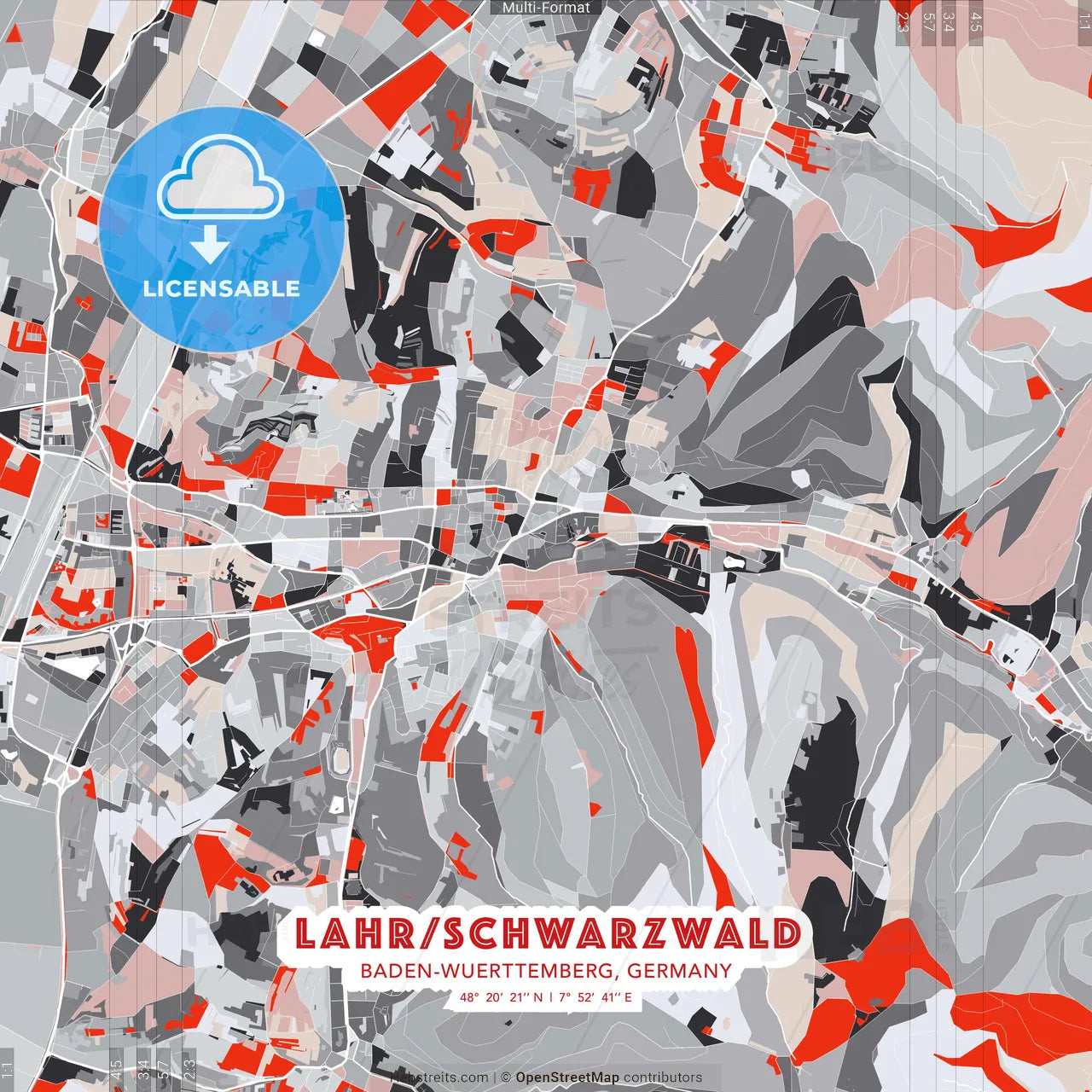 Lahr/Schwarzwald, Baden-Wuerttemberg, Germany - modern street map poster template with gray and red tones