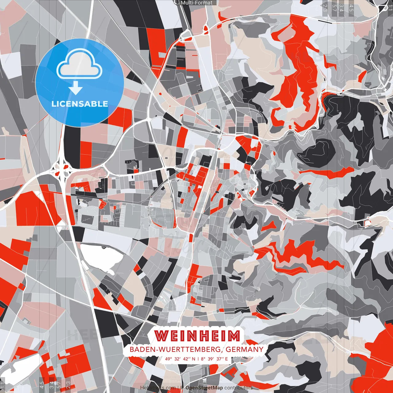 Weinheim, Baden-Wuerttemberg, Germany - modern street map poster template with gray and red tones