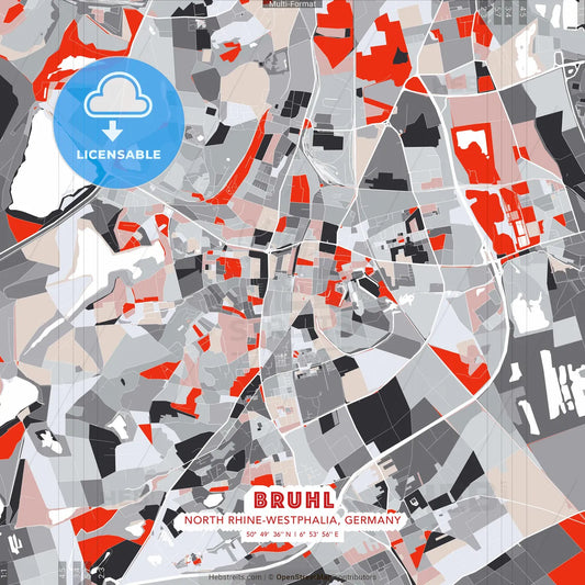 Bruhl, North Rhine-Westphalia, Germany - modern street map poster template with gray and red tones