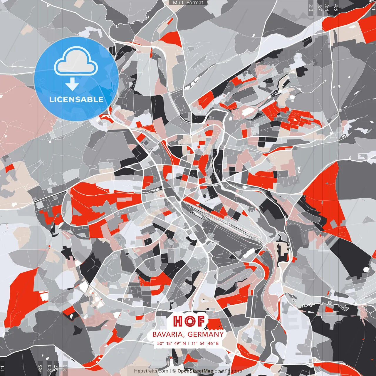 Hof, Bavaria, Germany - modern street map poster template with gray and red tones