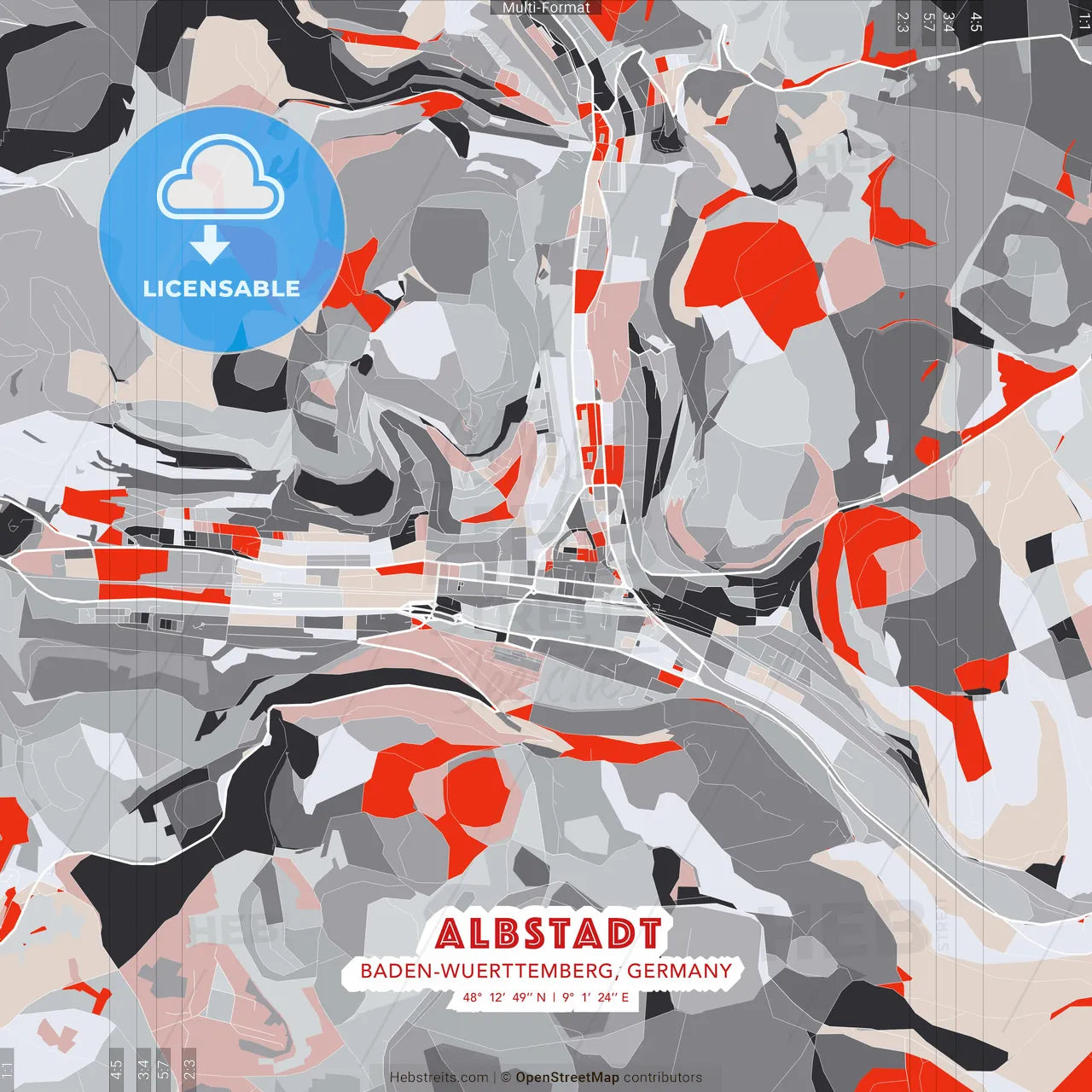 Albstadt, Baden-Wuerttemberg, Germany - modern street map poster template with gray and red tones