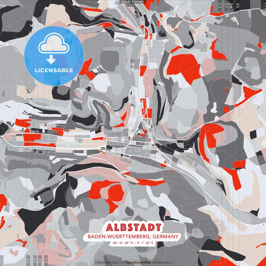 Albstadt, Baden-Wuerttemberg, Germany - modern street map poster template with gray and red tones