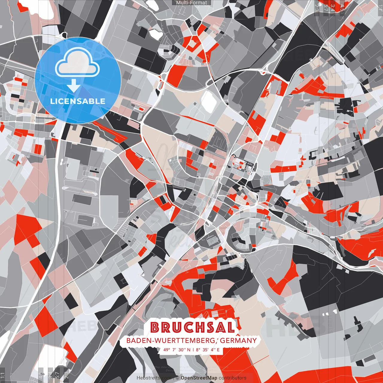 Bruchsal, Baden-Wuerttemberg, Germany - modern street map poster template with gray and red tones