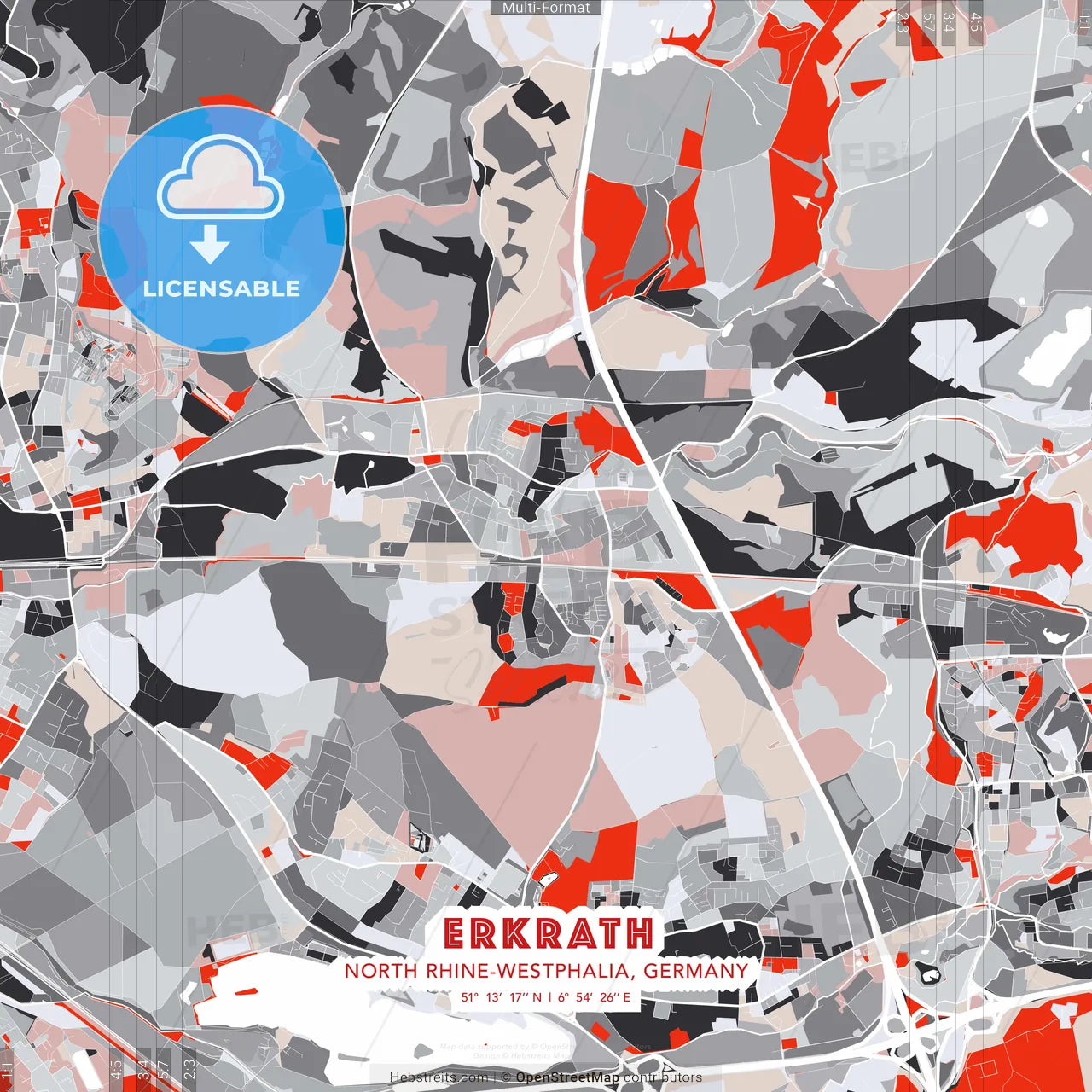 Erkrath, North Rhine-Westphalia, Germany - modern street map poster template with gray and red tones