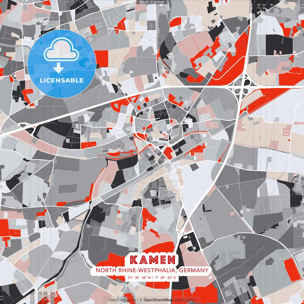 Kamen, North Rhine-Westphalia, Germany - modern street map poster template with gray and red tones