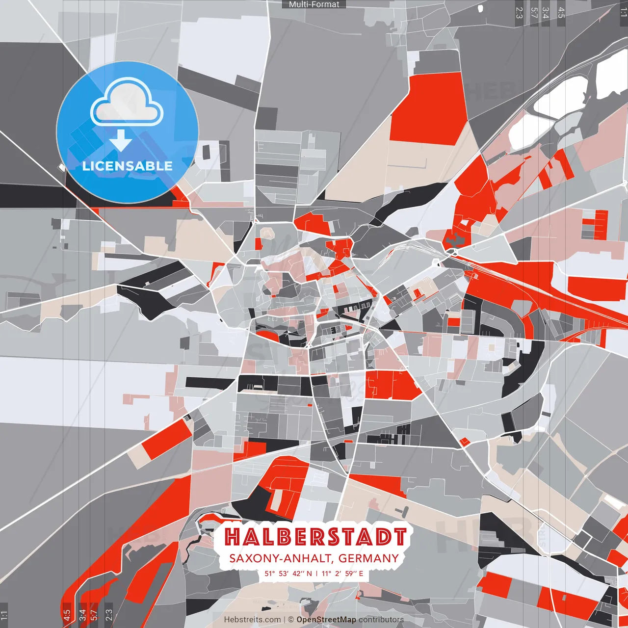 Halberstadt, Saxony-Anhalt, Germany - modern street map poster template with gray and red tones