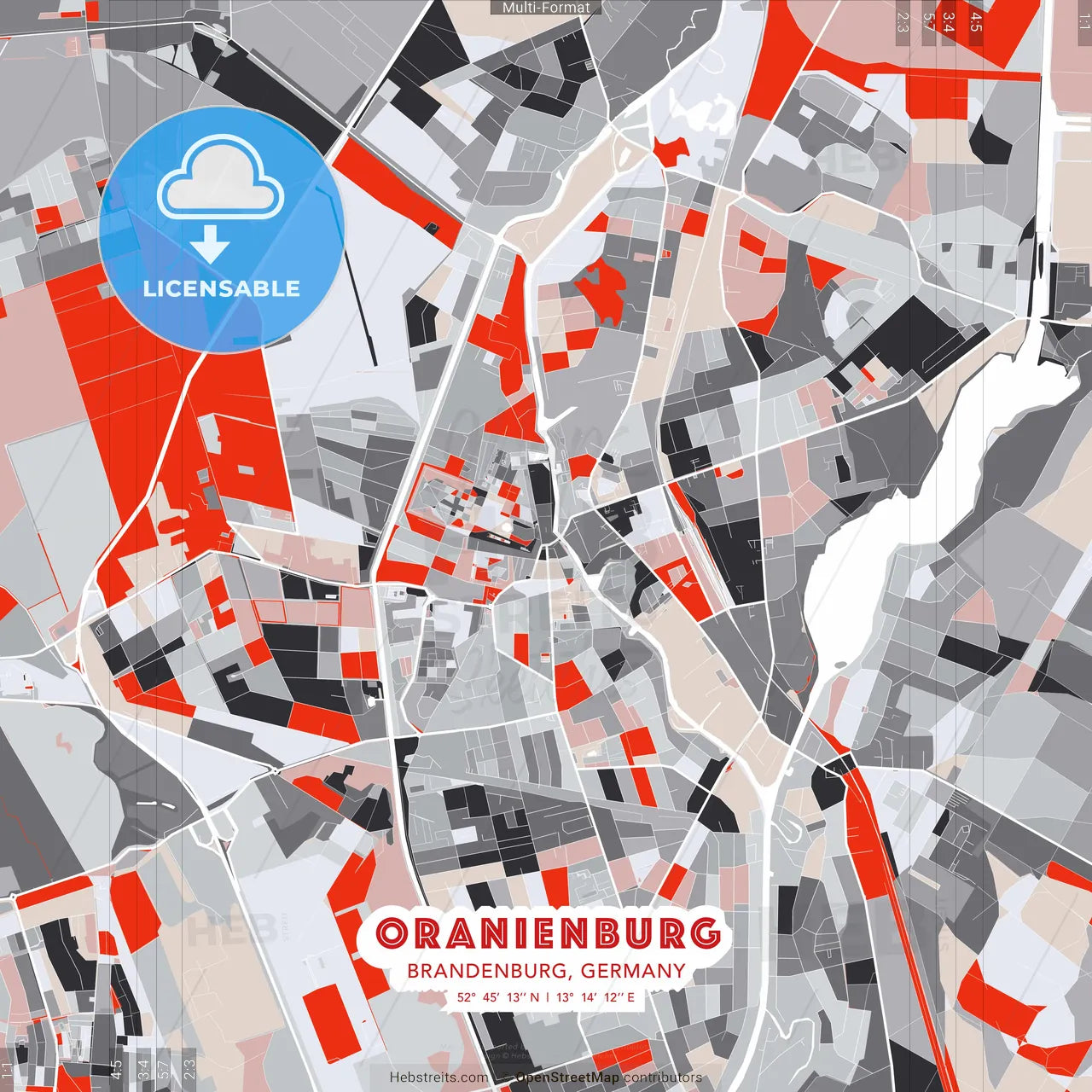 Oranienburg, Brandenburg, Germany - modern street map poster template with gray and red tones