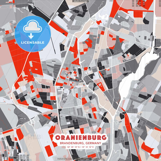 Oranienburg, Brandenburg, Germany - modern street map poster template with gray and red tones