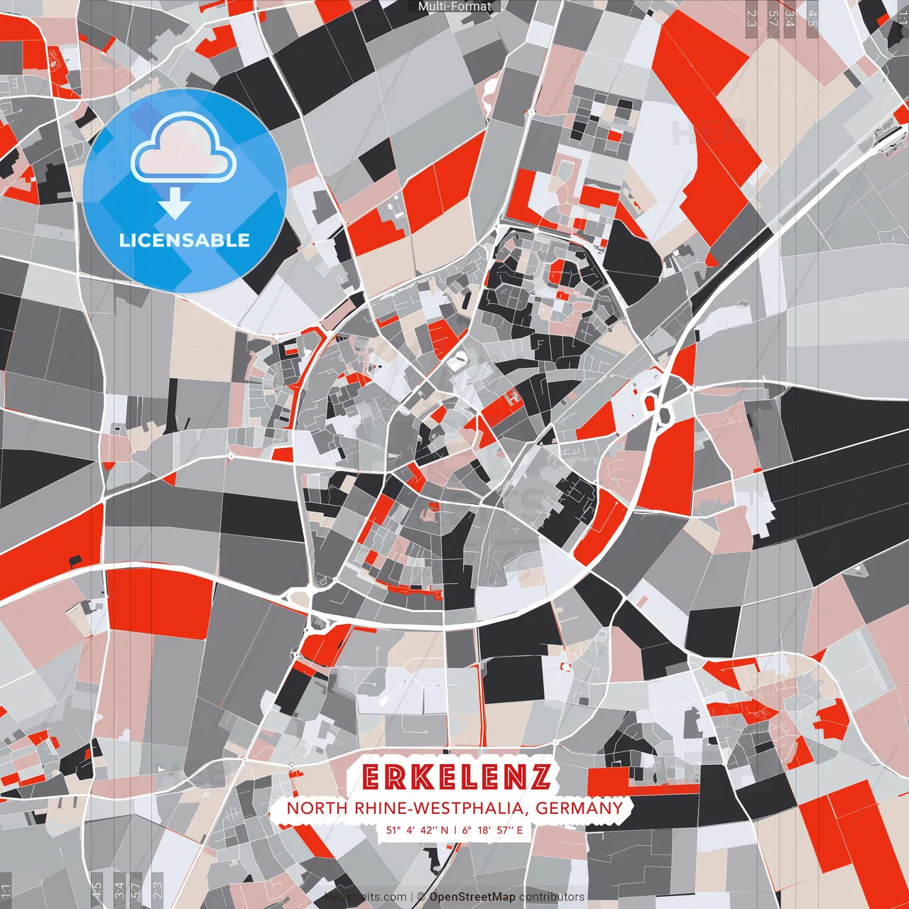 Erkelenz, North Rhine-Westphalia, Germany - modern street map poster template with gray and red tones